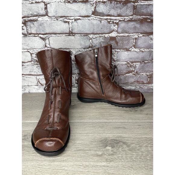 Hin Rui VTG Brown Leather Ankle Boots Rope Laces Side Zip Women 8.5M US/39EU 250 - Picture 1 of 16